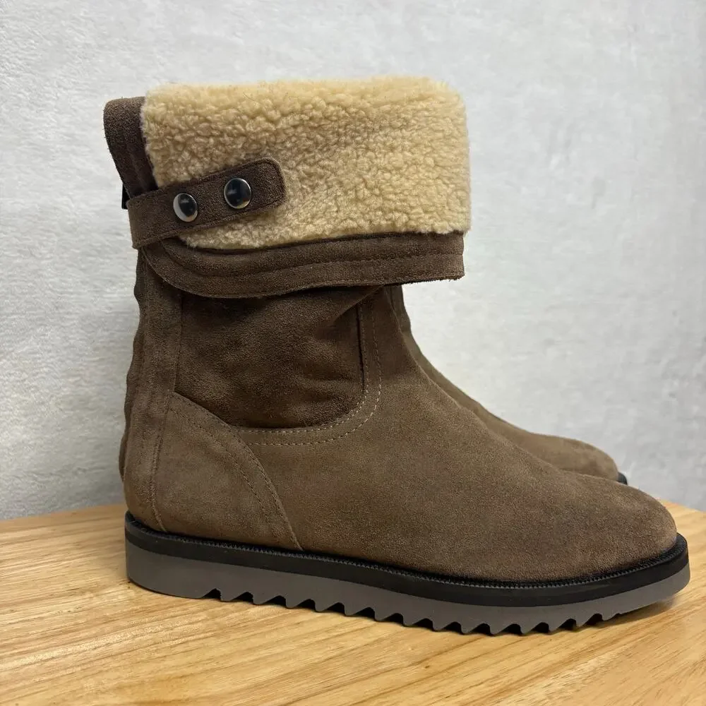 Aquatalia Boots Waterproof Taupe Gray Suede Faux-Fur Cuff Back Zip Boots 7.5